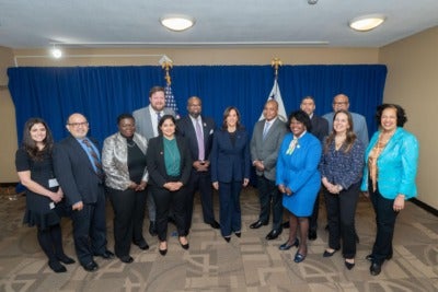 "Vice President Kamala Harris takes a group photo with program participants at an event for a Greater Washington Inclusive Growth Announcement, Wednesday, March 30, 2022, at Howard University Cramton Auditorium in Washington, D.C. (Official White House Photo by Lawrence Jackson)" 