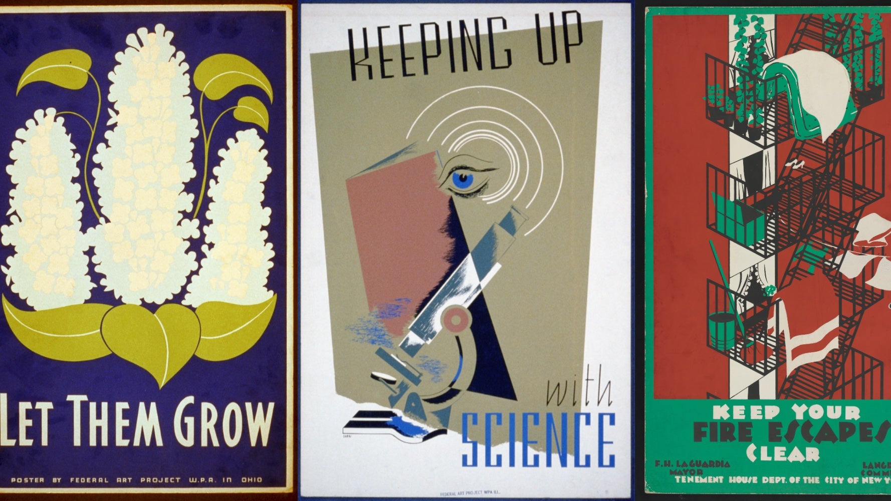 A collage of two rows of historical posters from the Works Project Administration (WPA).