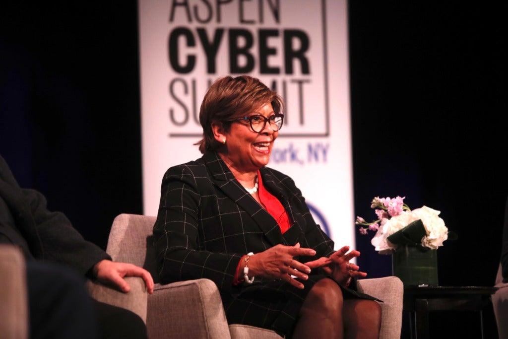 Cynthia Warrick on stage at the 2023 Aspen Cyber Summit.