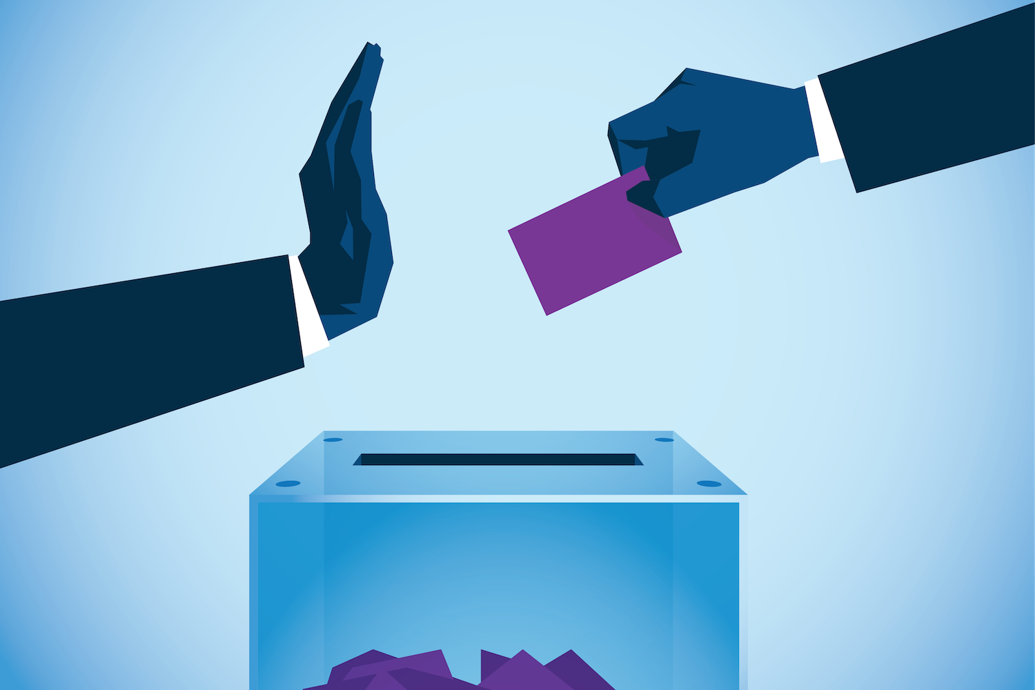 An illustration of a hand blocking another from putting their vote in the ballot box. It represents a negative view of AI and the future of civil rights.