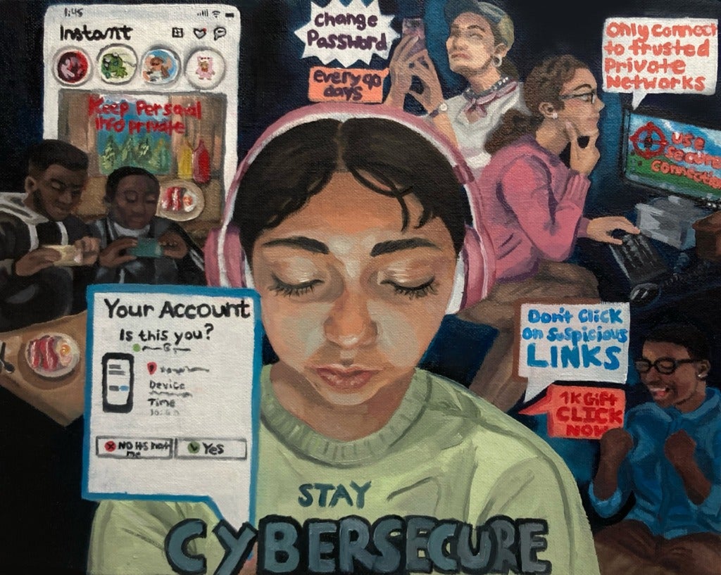 An oil painting of a community enacting cybersecurity practices. It reads, "Stay cybersecure."